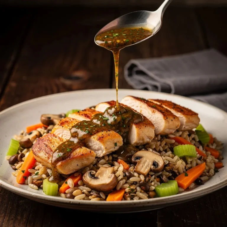 Slow cooker herb butter chicken served with wild rice in a bowl