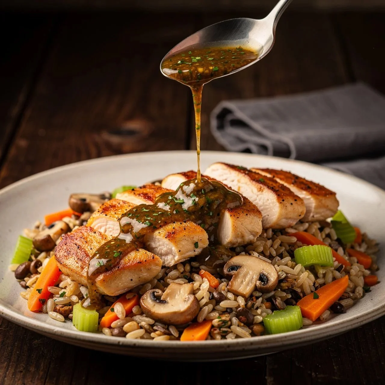 Slow cooker herb butter chicken served with wild rice in a bowl