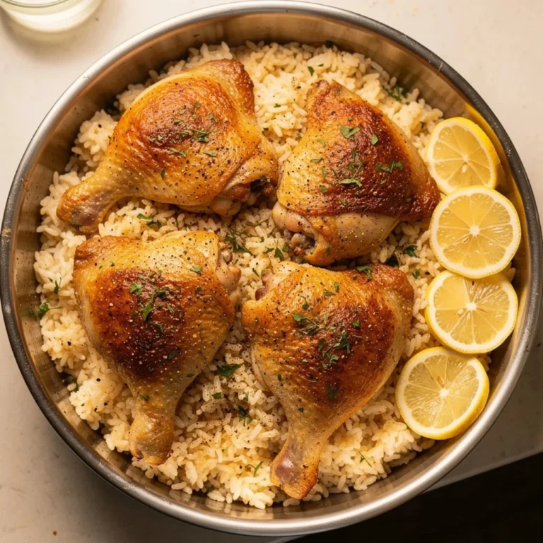 Slow Cooker Lemon Herb Chicken with fluffy rice served on a plate