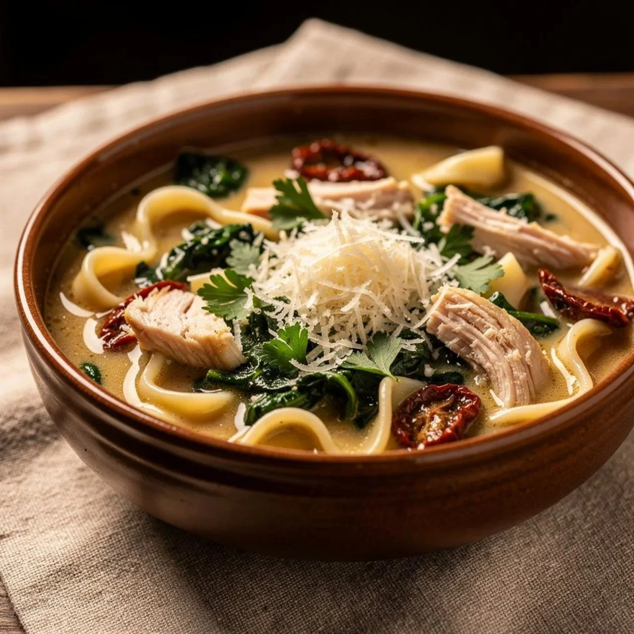 Bowl of creamy slow cooker white lasagna soup topped with basil