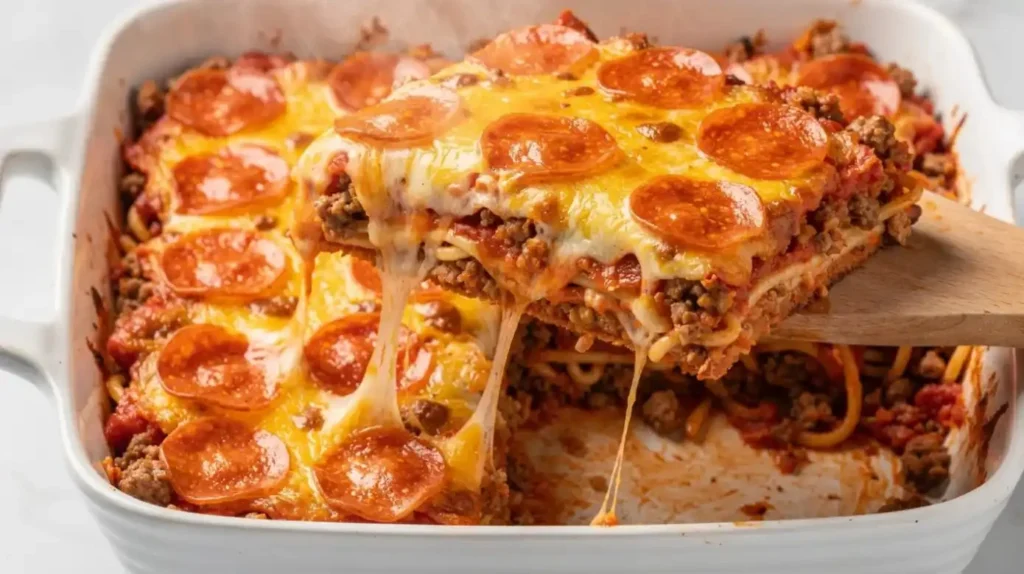 A delicious serving of Spaghetti Pizza Casserole topped with cheese and pepperoni.