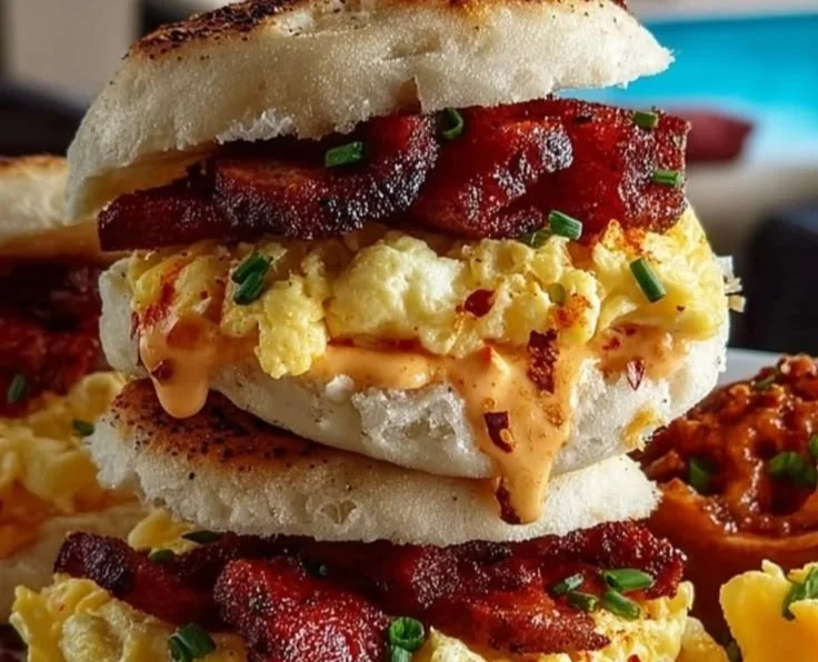 Spicy Chipotle Egg Breakfast Sandwich stacked with fresh ingredients