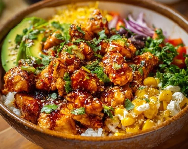 Spicy Honey Baja Chicken Bowl with colorful vegetables and rice