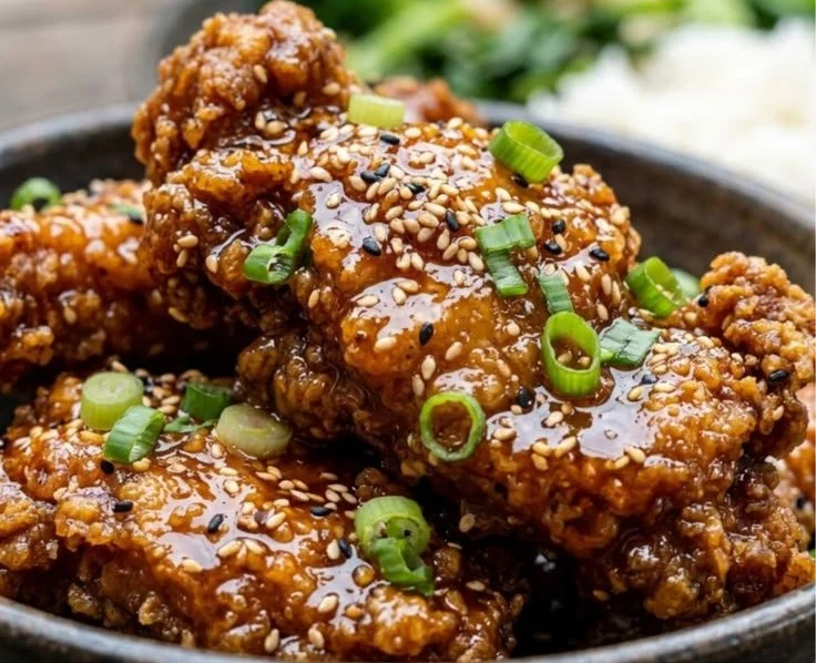 Delicious Spicy Honey Chicken Bowls served in a colorful dish
