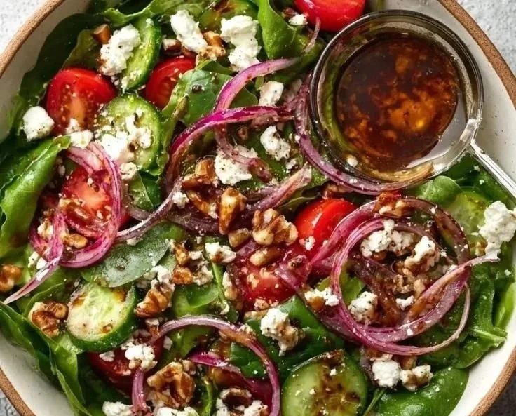 Spring mix salad topped with balsamic honey dressing in a bowl
