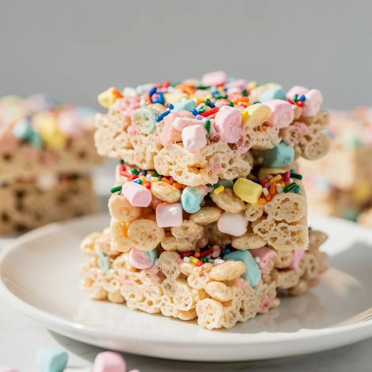 Colorful Sprinkle Rice Krispie Treats on a platter