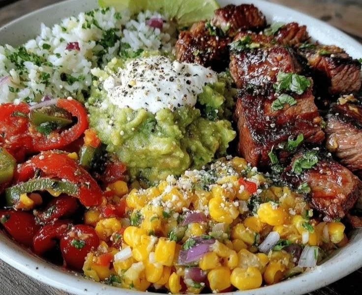 Colorful steak fajita bowls with peppers, onions, and toppings for meal prep
