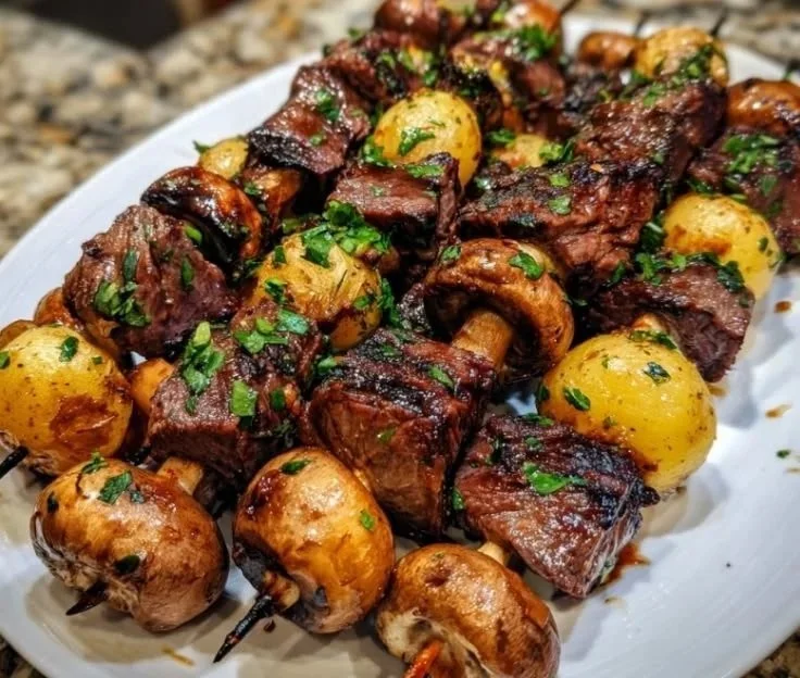 Grilled steak kabobs with vegetables on skewers