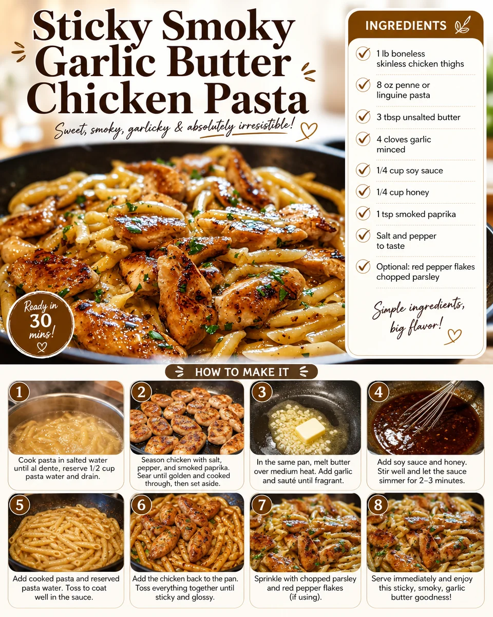 Sticky Smoky Garlic Butter Chicken Pasta in a bowl with herbs on top.