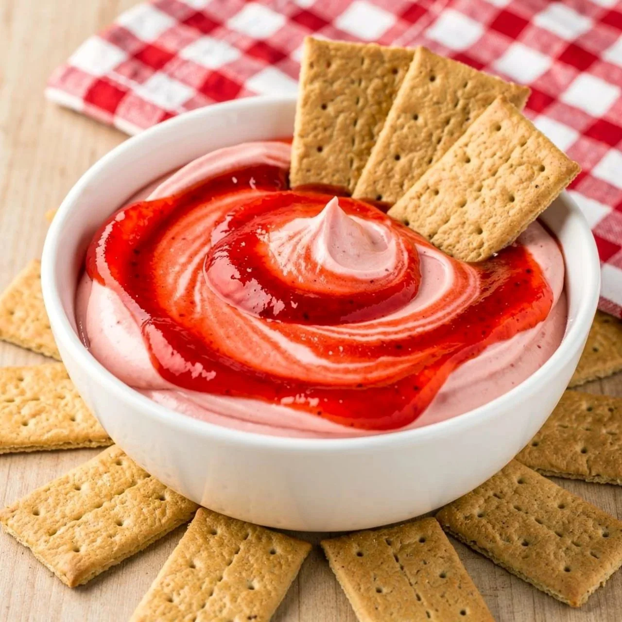 Delicious strawberry cheesecake dip served with fresh strawberries and graham crackers.