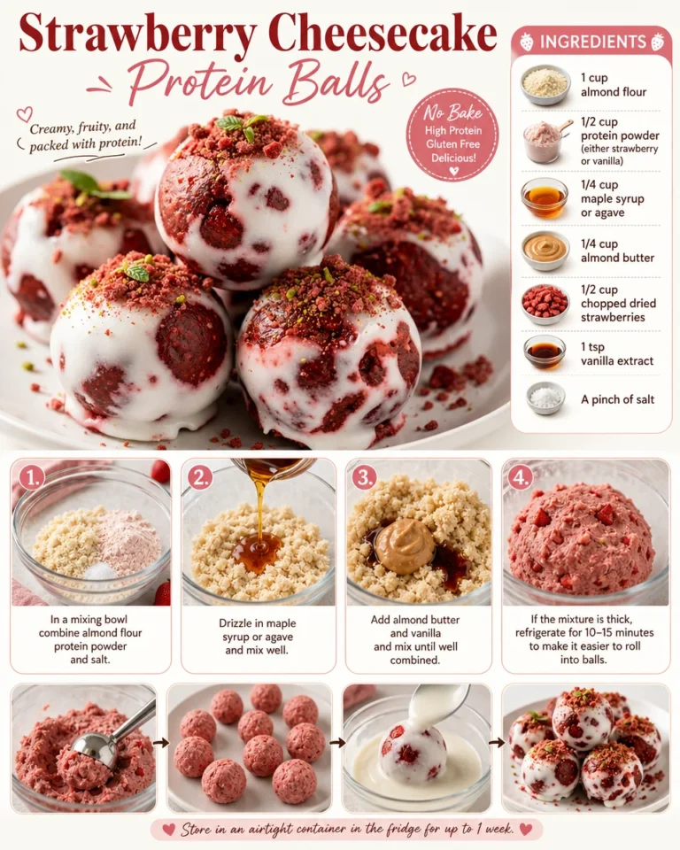 Delicious homemade Strawberry Cheesecake Protein Balls stacked on a plate.