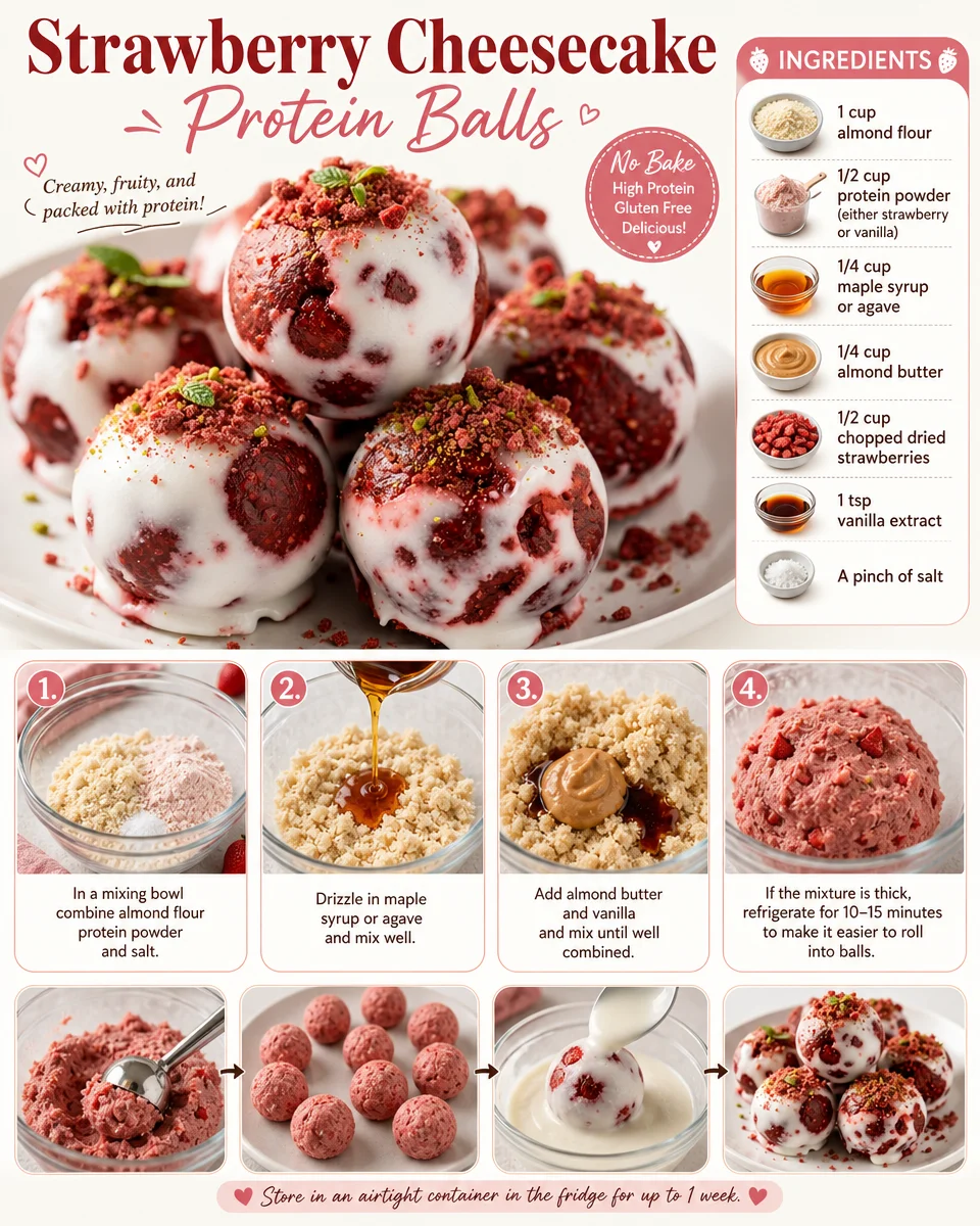 Delicious homemade Strawberry Cheesecake Protein Balls stacked on a plate.