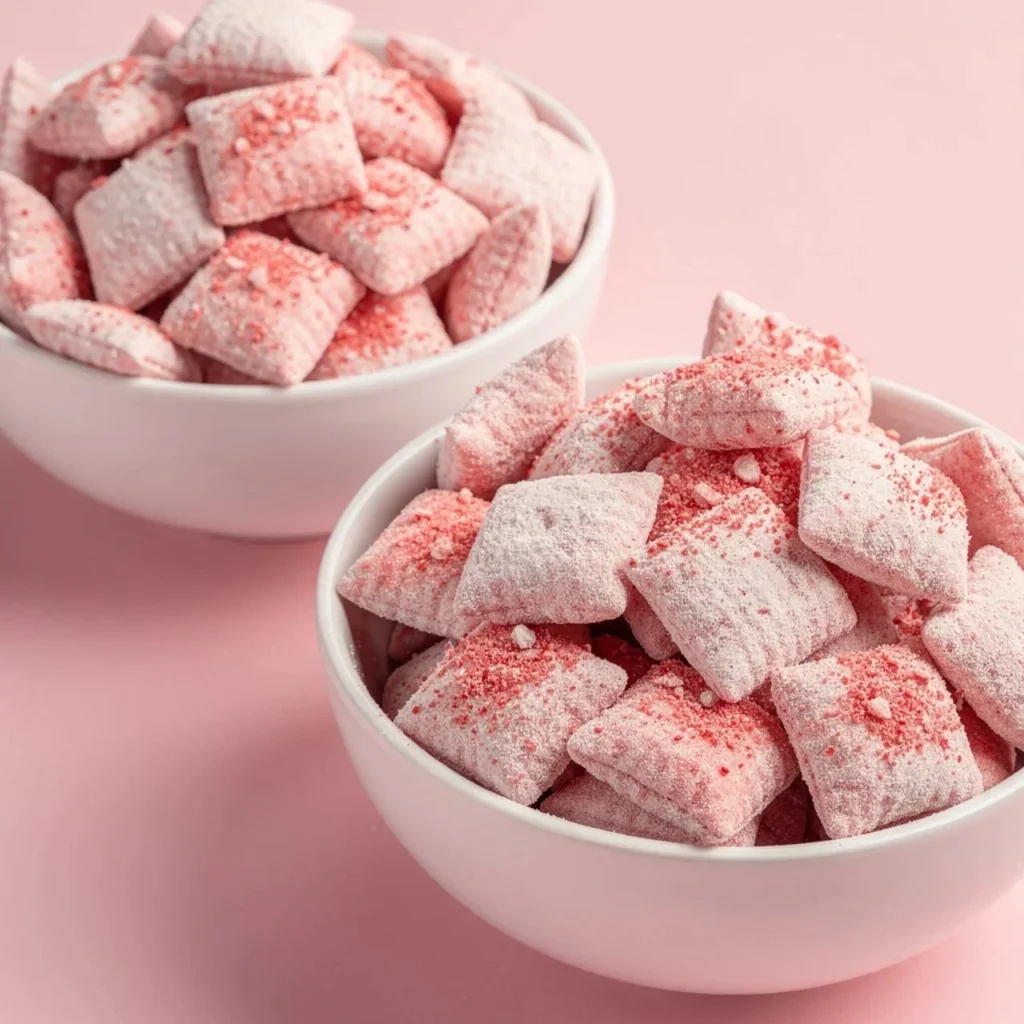 Strawberry Cheesecake Puppy Chow served in a bowl with strawberries on the side.