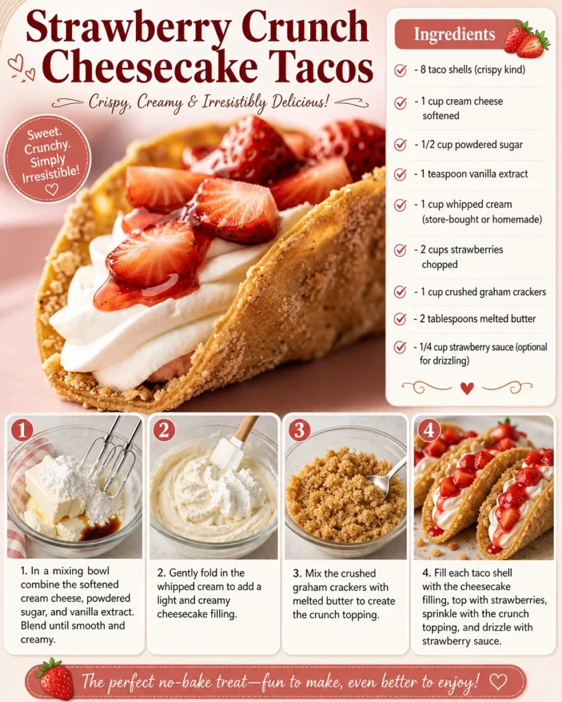 Strawberry Crunch Cheesecake Tacos topped with strawberries and a crunchy layer