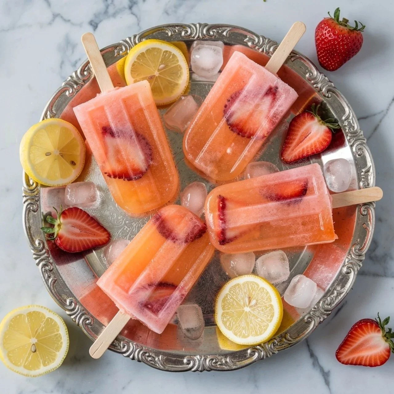Homemade strawberry lemonade popsicles in shape of ice cream sticks
