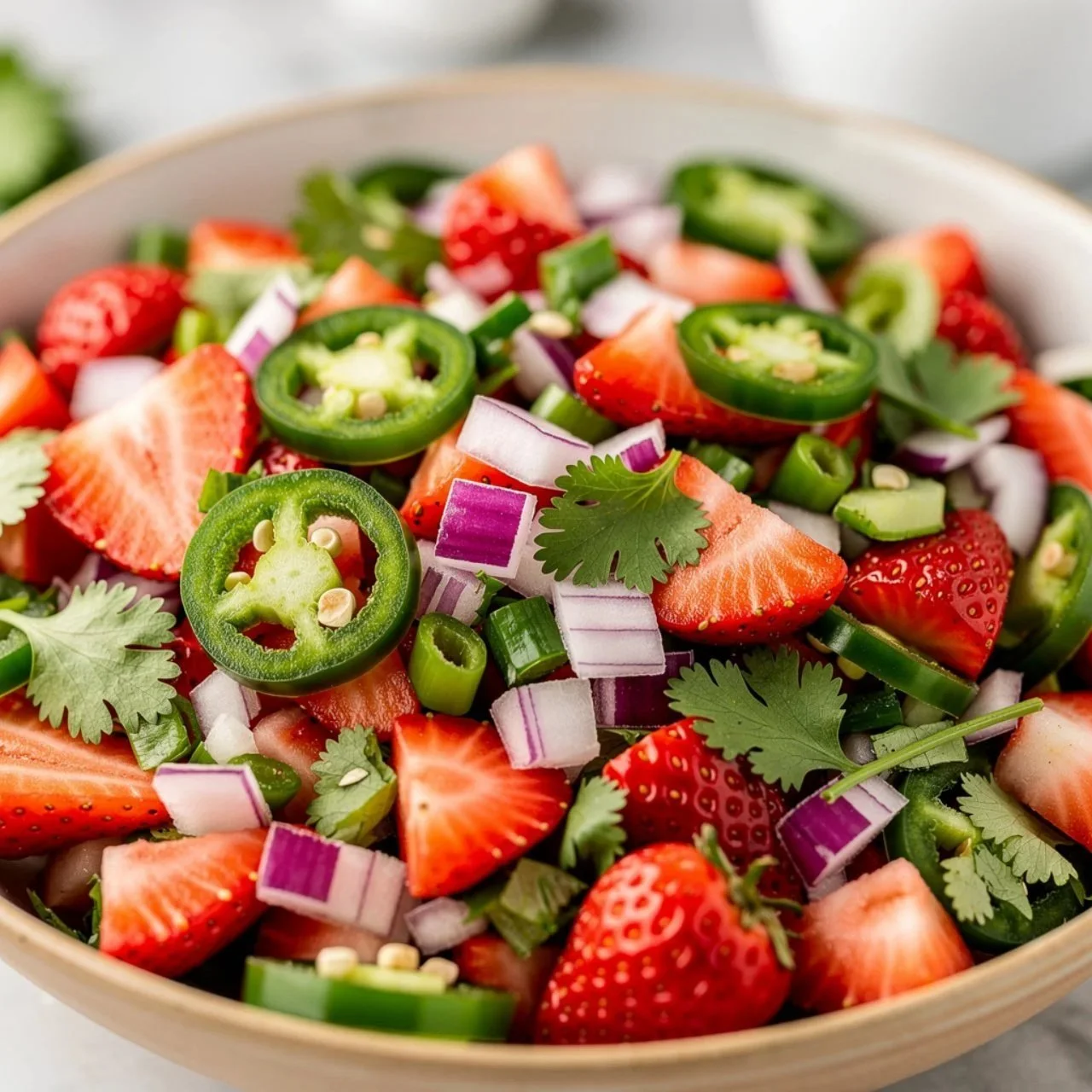Bowl of vibrant strawberry salsa with fresh ingredients and colorful garnishes.