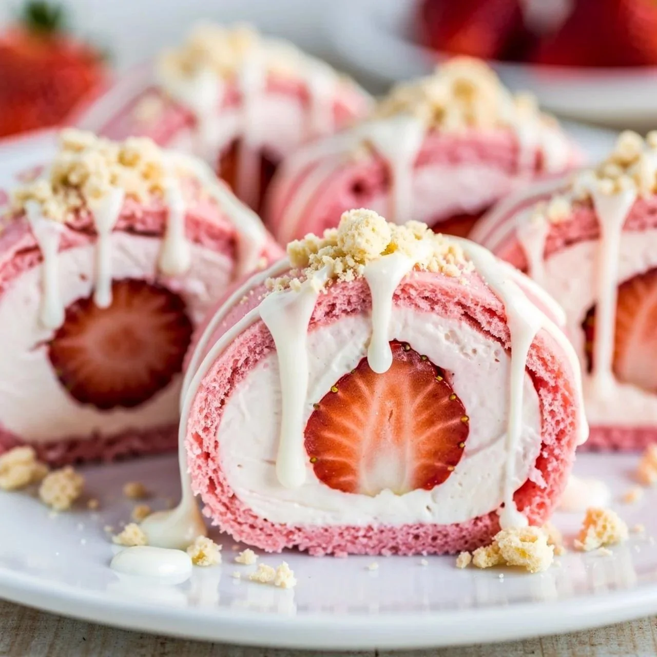 Strawberry Shortcake Cheesecake Sushi Rolls with strawberries and cream