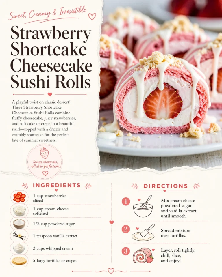 Strawberry shortcake cheesecake sushi rolls garnished with fresh strawberries.