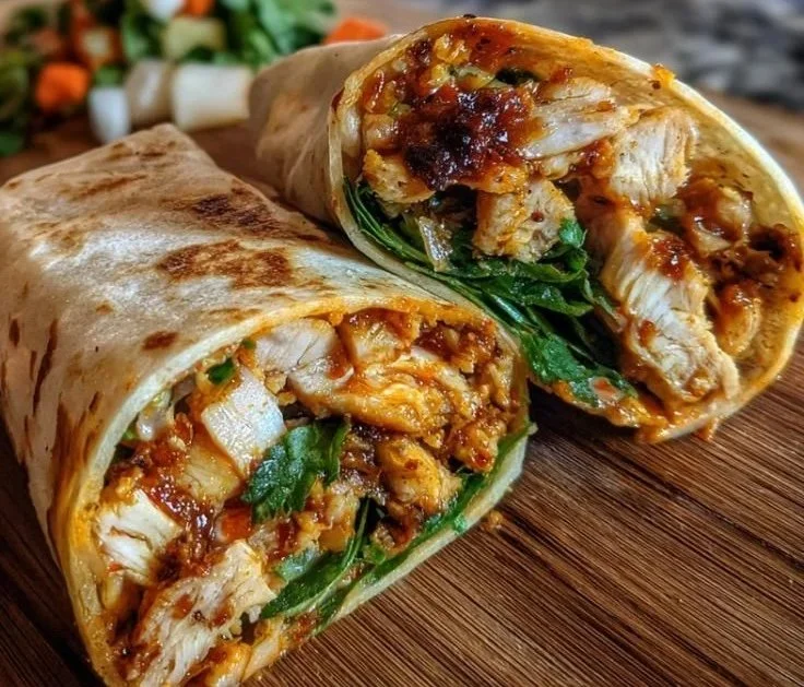 Delicious sweet chili chicken wraps served on a plate with fresh ingredients.