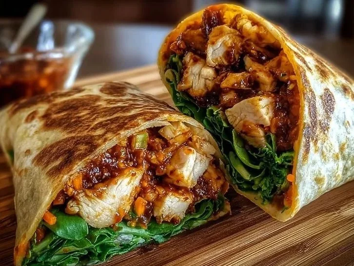 Sweet chili chicken wraps served on a plate with fresh vegetables