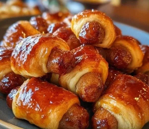 Sweet Glazed Pigs in a Blanket appetizer on a platter
