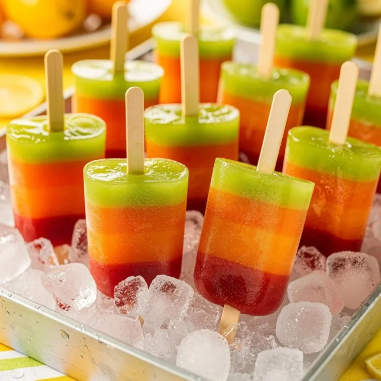 Colorful tequila sunrise boozy popsicles topped with orange and cherry