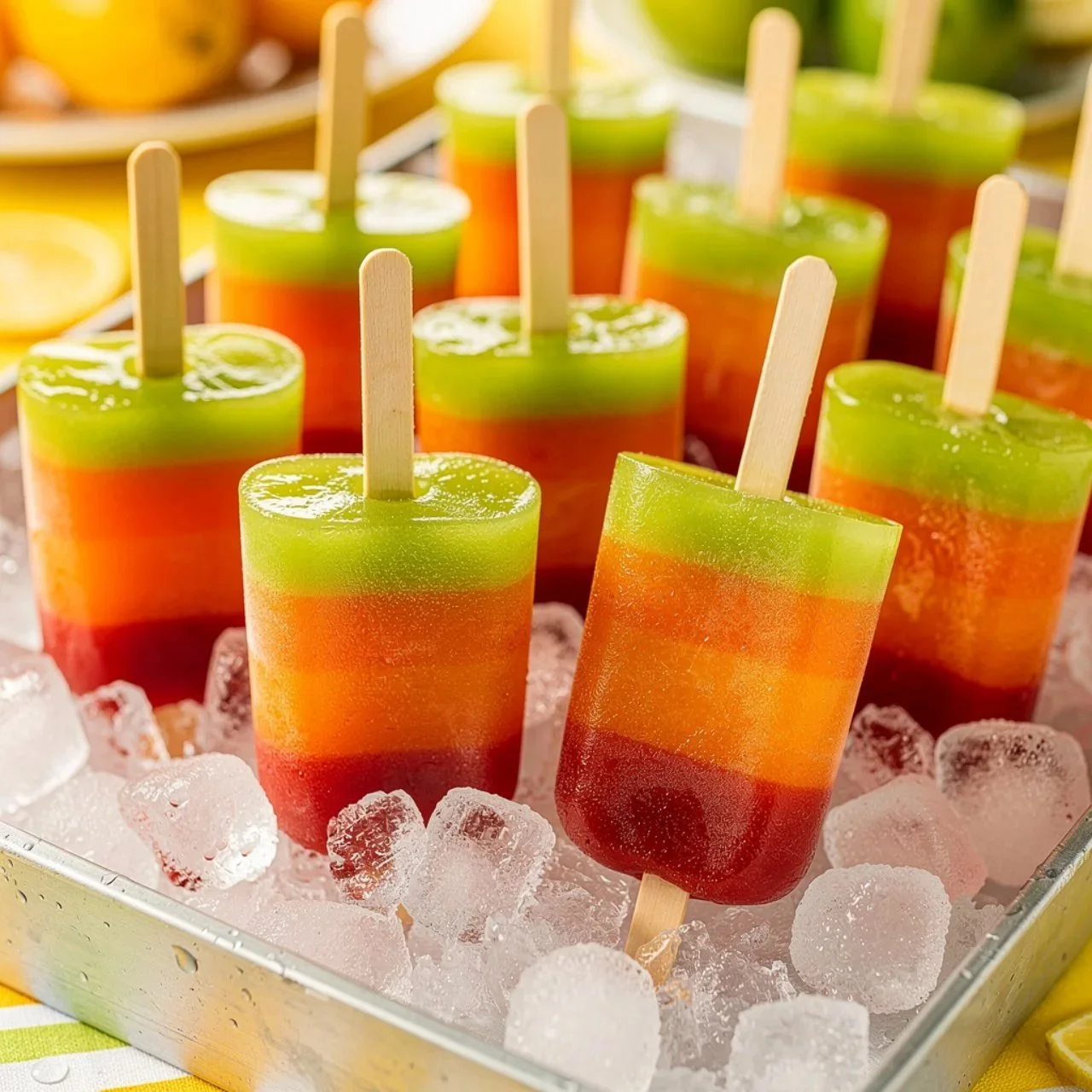 Colorful tequila sunrise boozy popsicles topped with orange and cherry