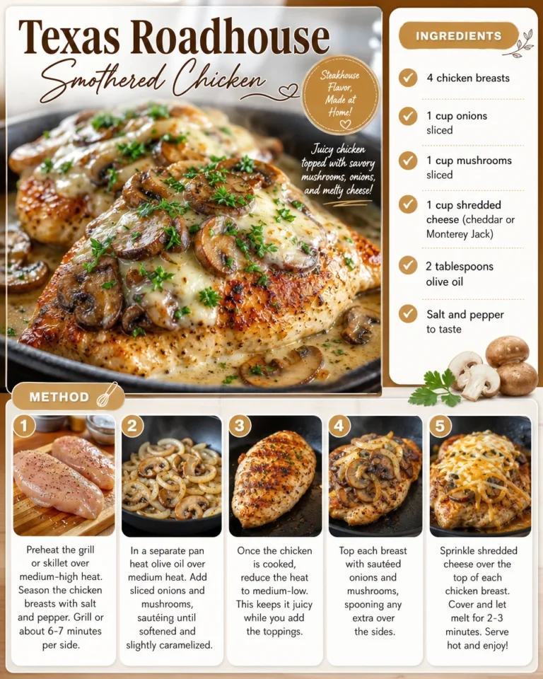Delicious Texas Roadhouse Smothered Chicken plated with toppings