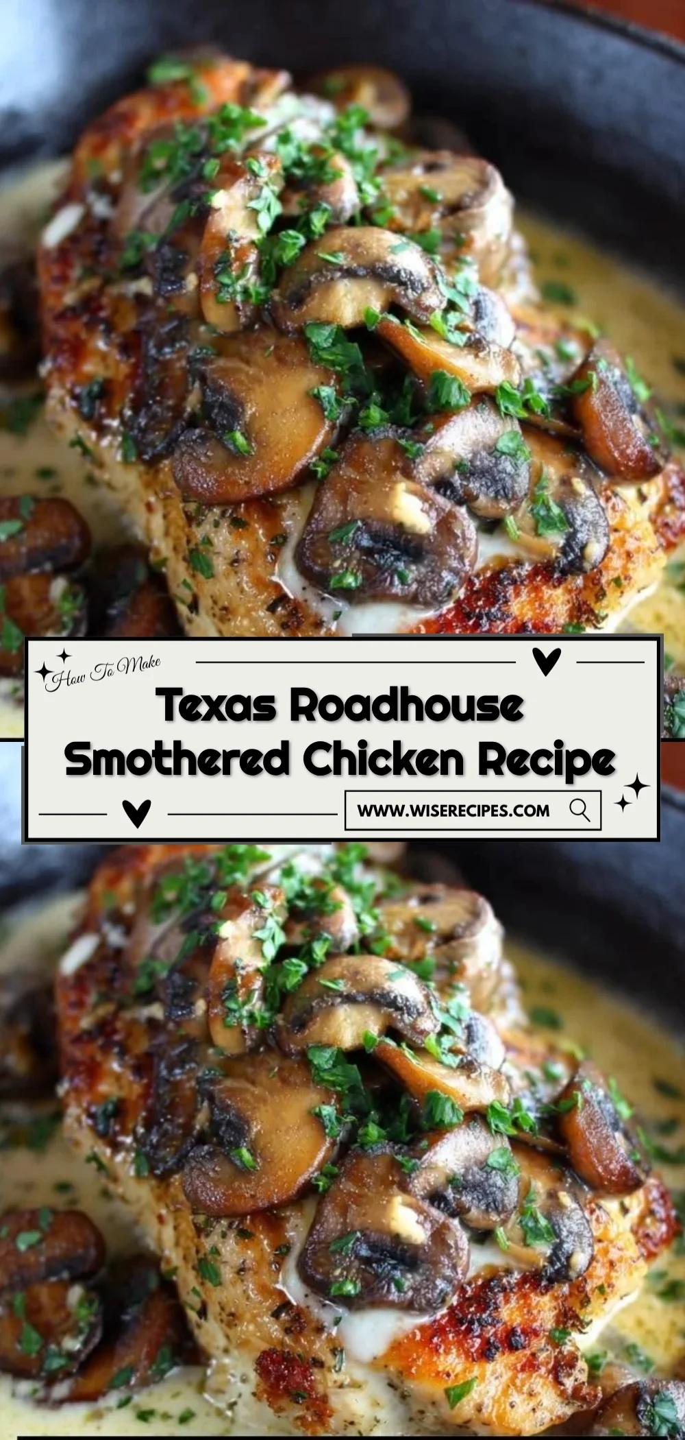 Plate of Texas Roadhouse smothered chicken garnished with vegetables.