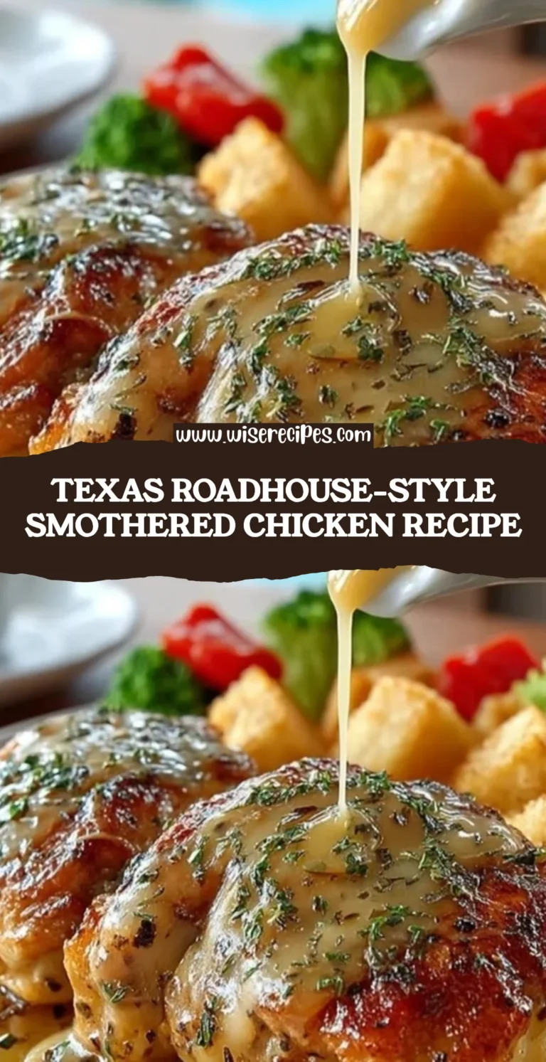Close-up of a Texas Roadhouse-style smothered chicken on a plate garnished with herbs.
