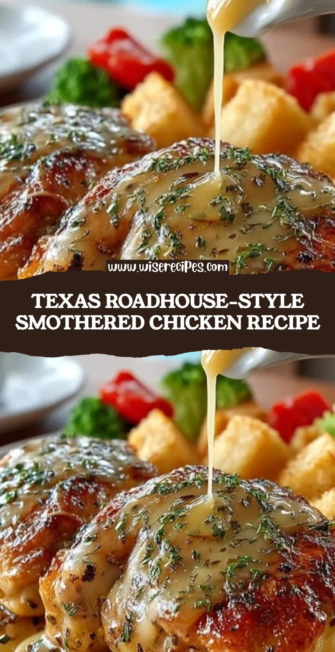 Close-up of a Texas Roadhouse-style smothered chicken on a plate garnished with herbs.