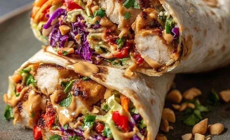 Thai chicken wrap with crunchy Asian slaw on a plate
