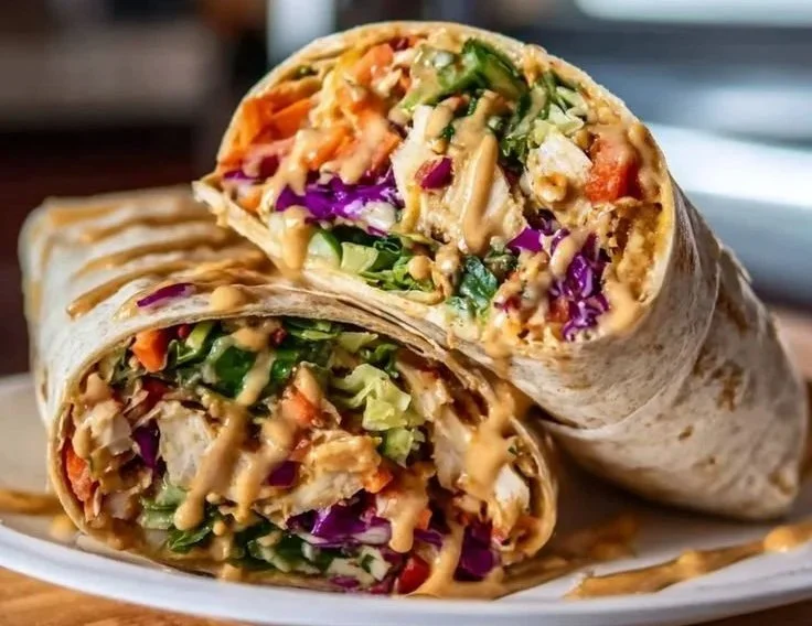 Delicious and vibrant Thai Peanut Chicken wraps on a rustic wooden table