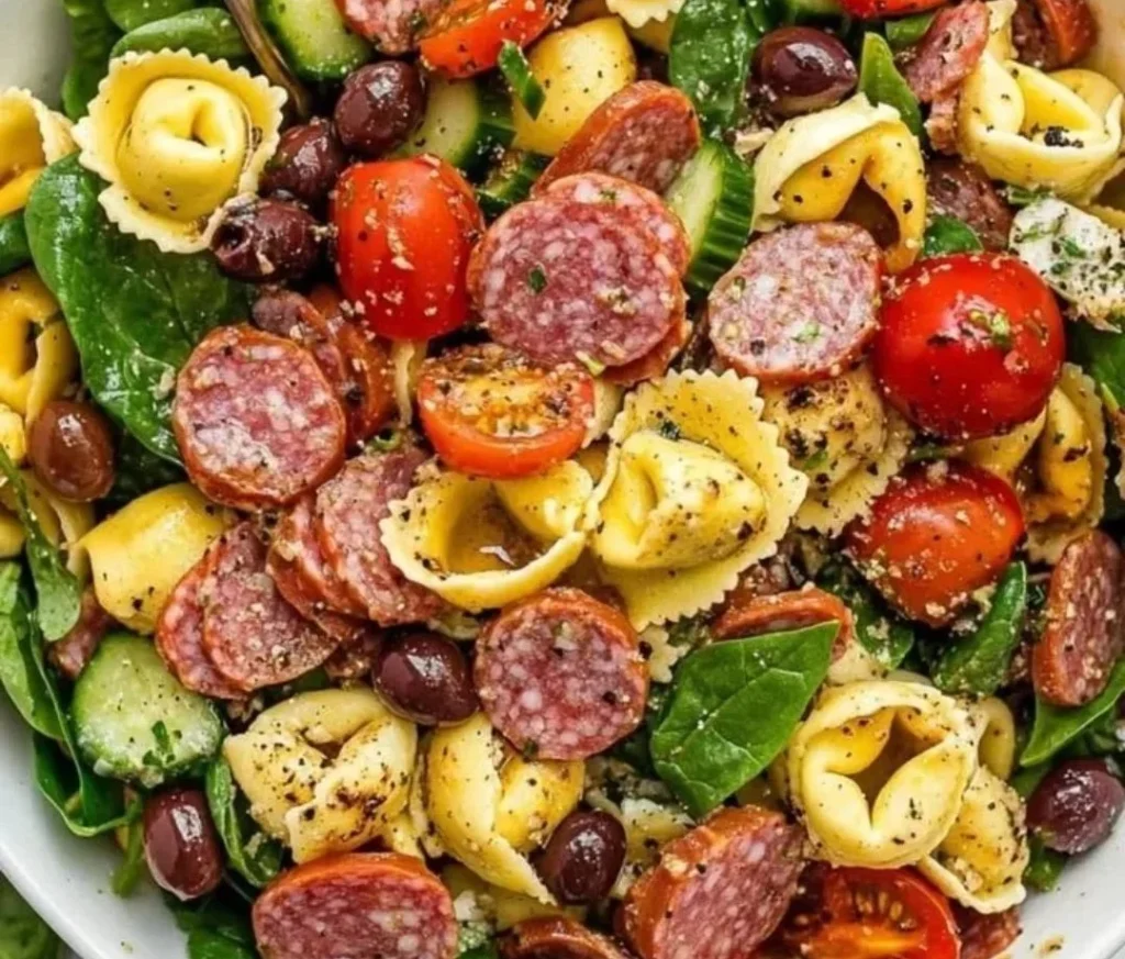 Tortellini pasta salad with colorful vegetables and dressing served in a bowl