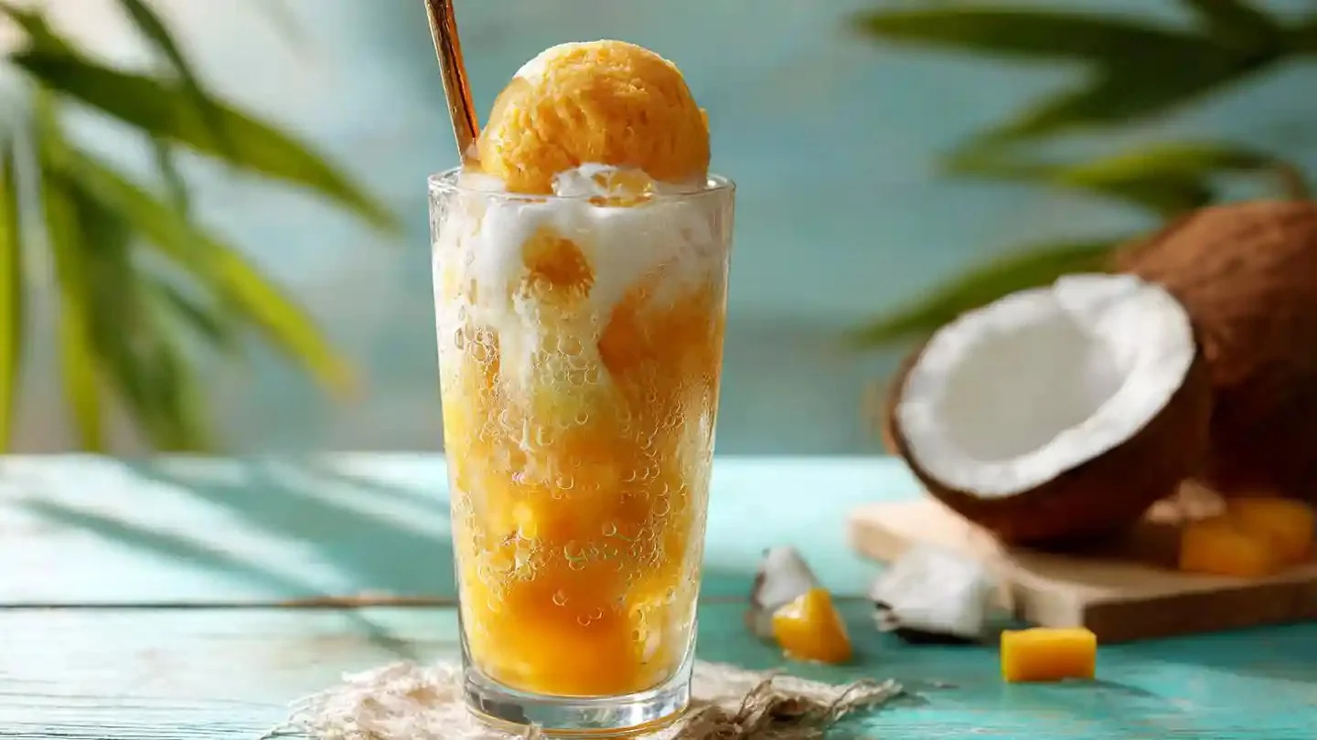 Tropical Paradise Vegan Float served in a glass with colorful fruit toppings.