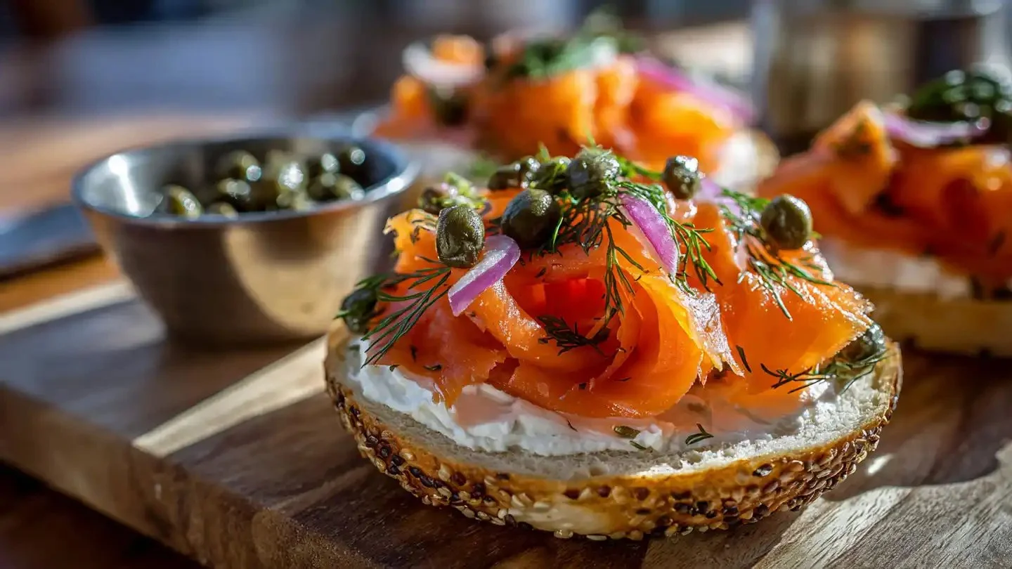 Vegan carrot lox on a bagel with capers and fresh greens.