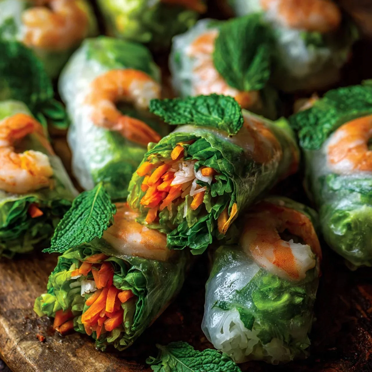 Fresh Vietnamese spring rolls with vegetables and herbs on a plate