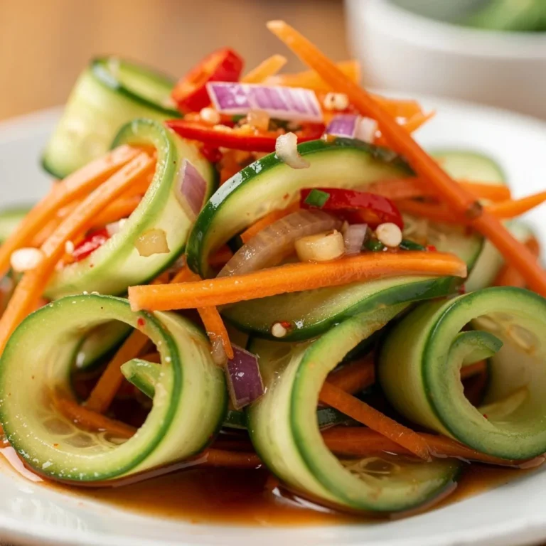 Zesty cucumbers with sweet chili vinaigrette in a bowl.