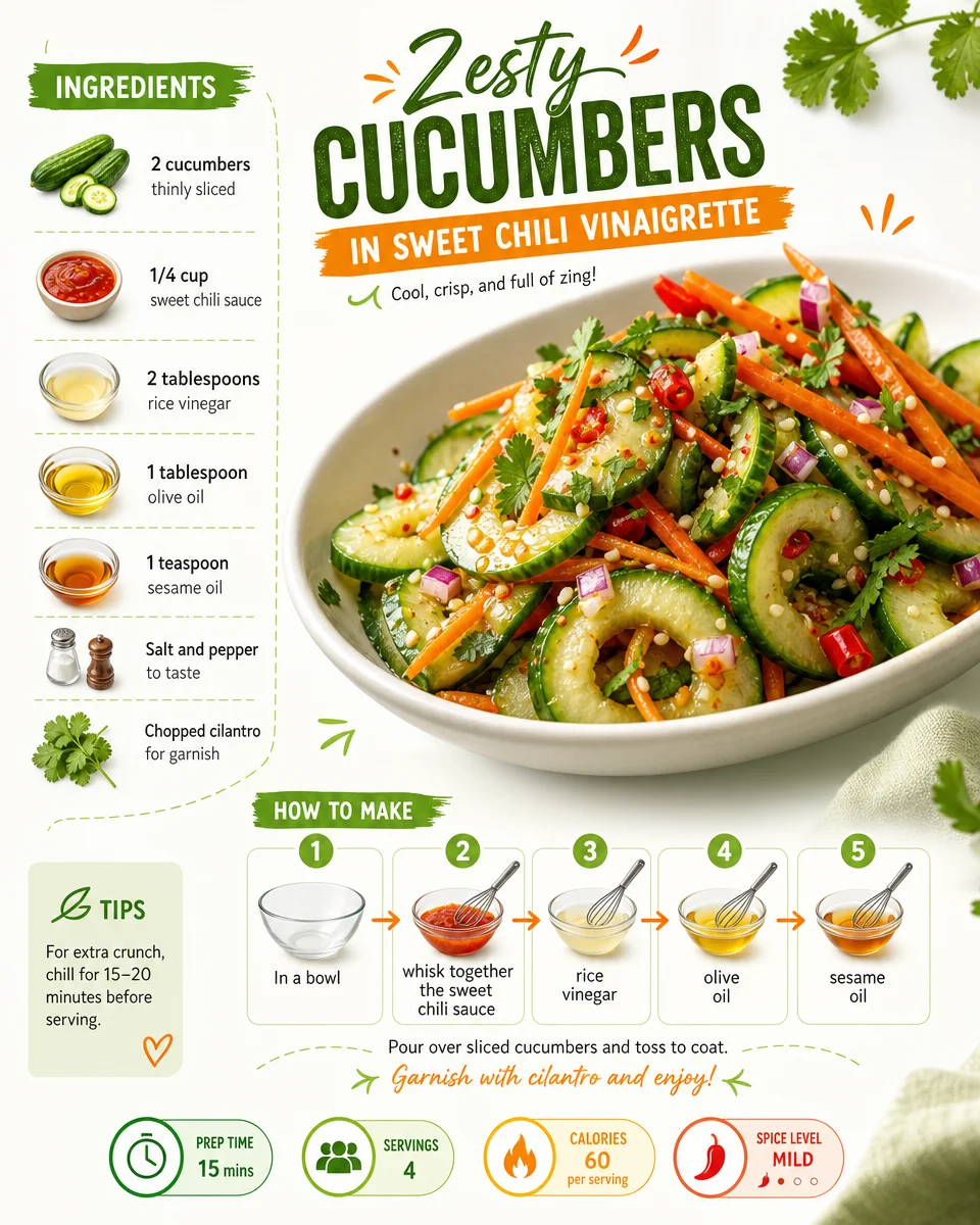 Fresh cucumbers tossed in sweet chili vinaigrette for a zesty salad