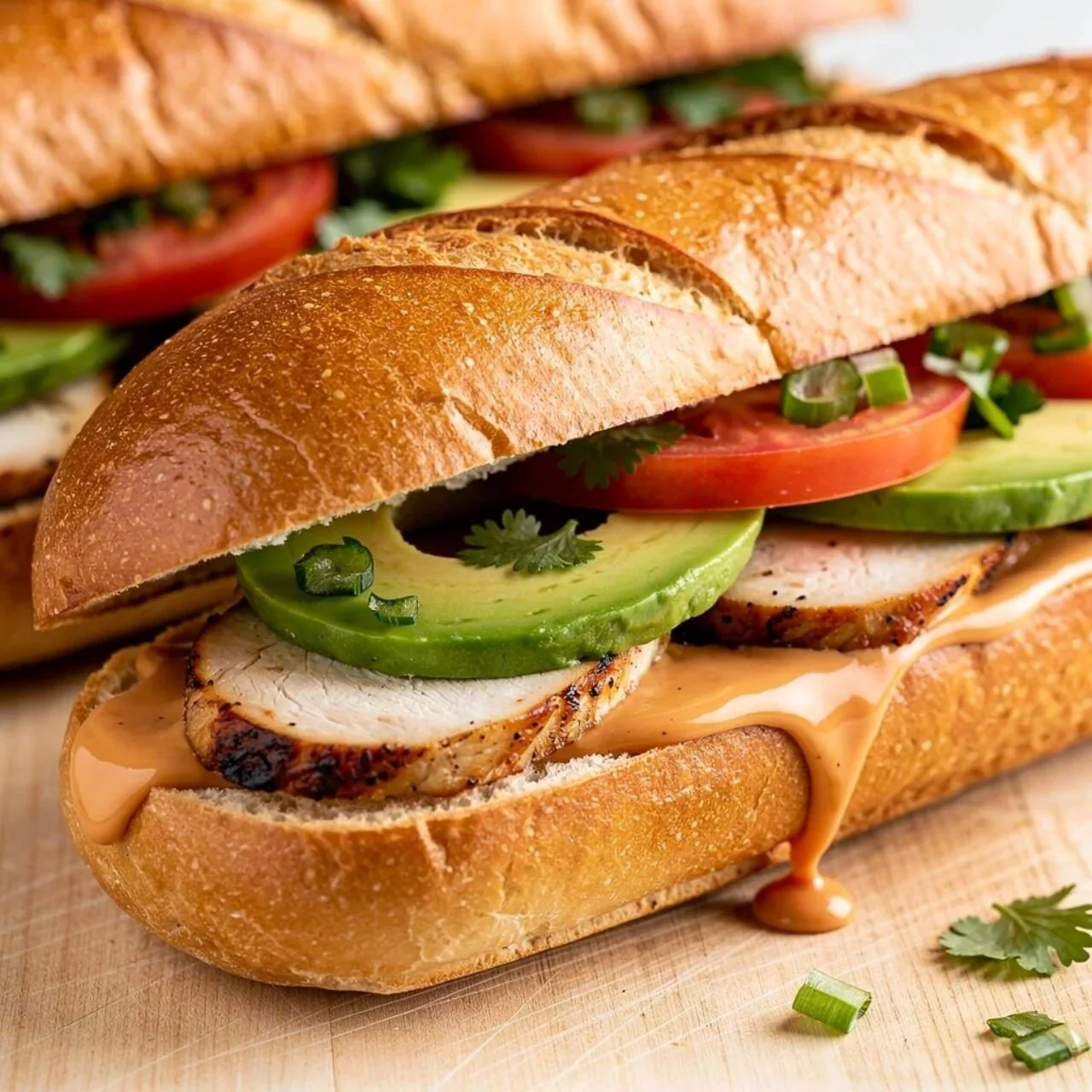 A mouth-watering chicken torta sandwich with fresh ingredients and toppings