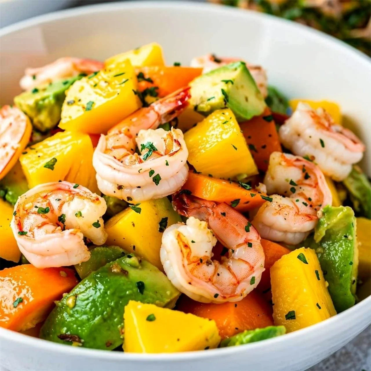 Delicious Avocado Mango Shrimp Salad served in a bowl with colorful ingredients