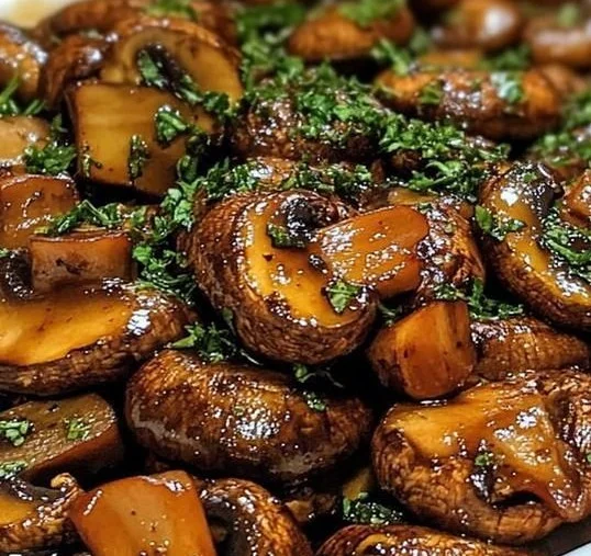 Balsamic roasted mushrooms drizzled with glaze and garnished with herbs.