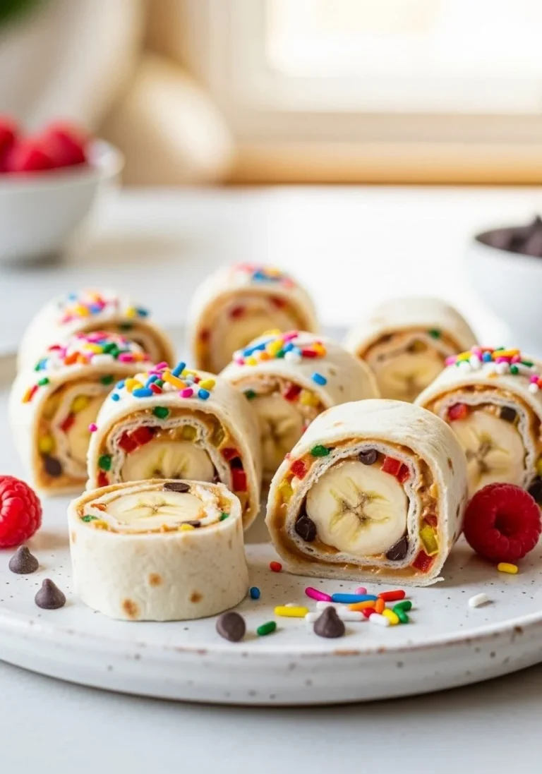 Banana sushi rolled with nut butter and colorful toppings for a healthy snack
