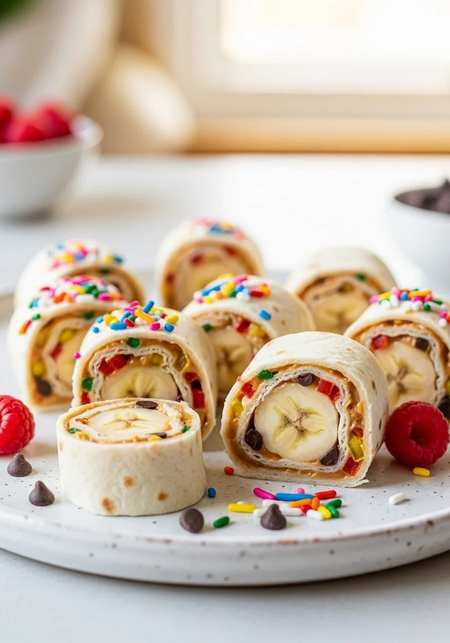 Banana sushi rolled with nut butter and colorful toppings for a healthy snack