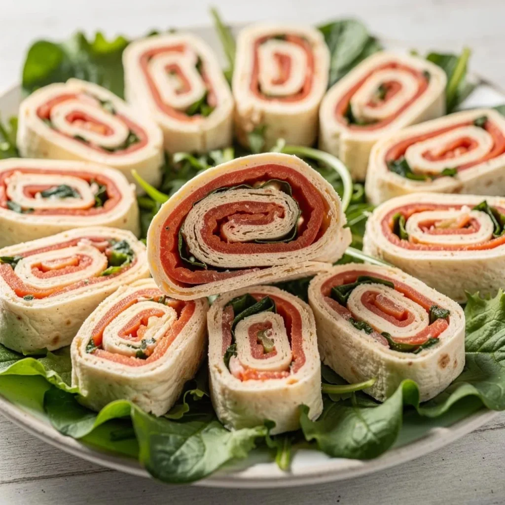 Delicious Italian Pinwheels served on a platter with fresh ingredients.