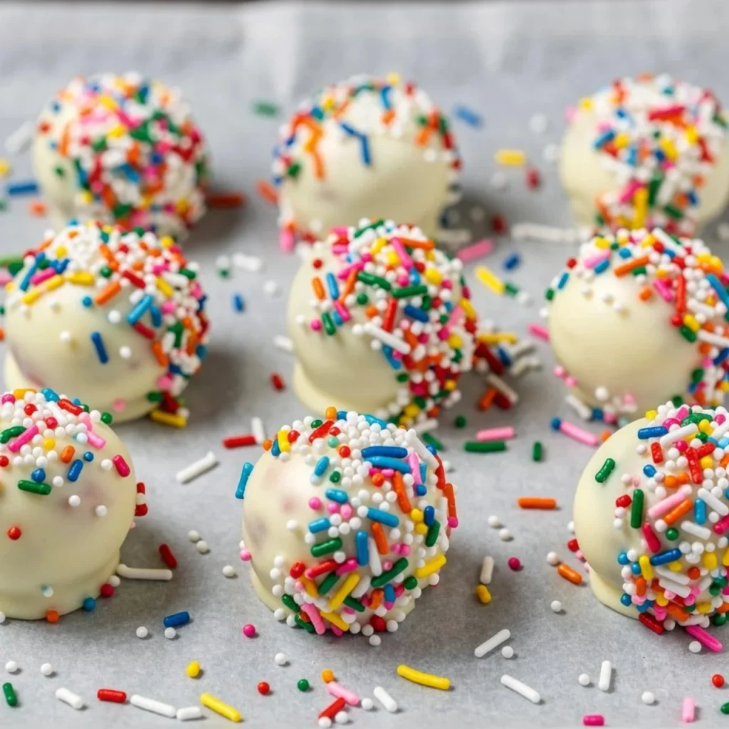 Delicious birthday cake batter protein balls ready to enjoy as a healthy snack
