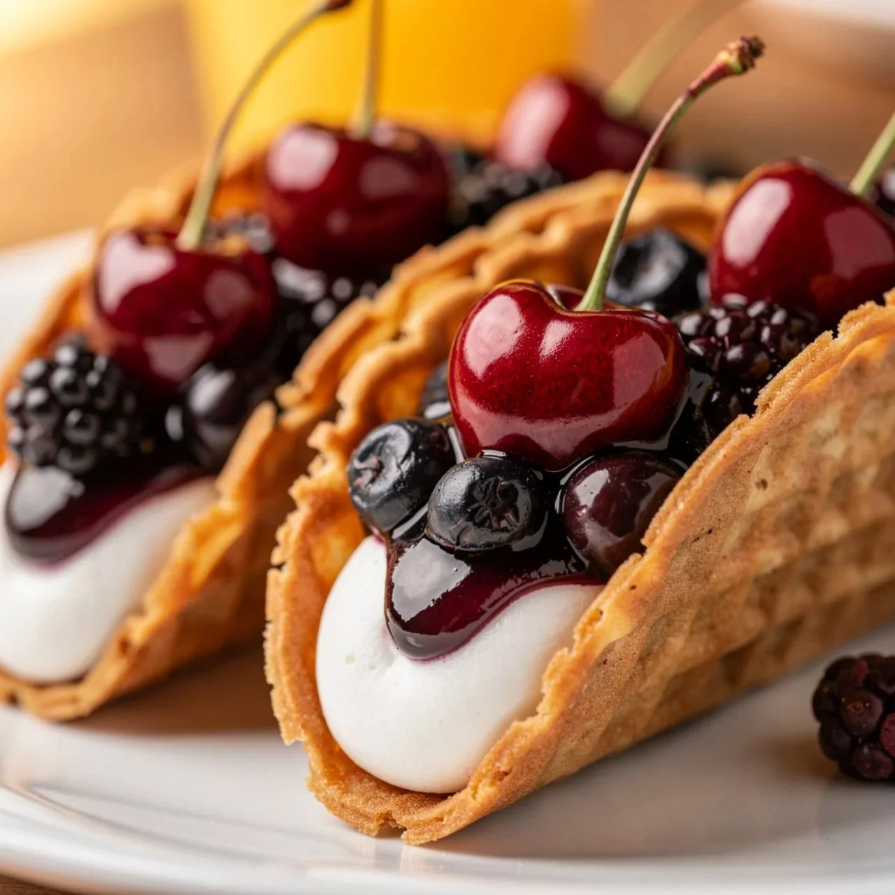 Delicious blueberry cheesecake tacos served on a plate with fresh blueberries and whipped cream