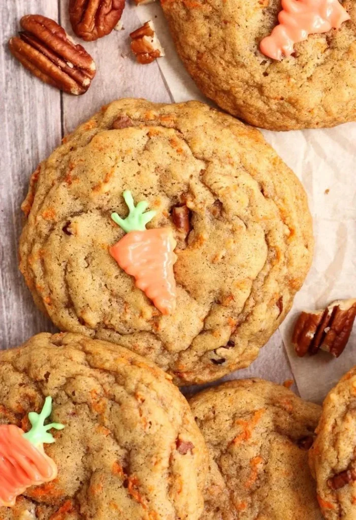 Delicious homemade carrot cake cookies on a rustic wooden table.