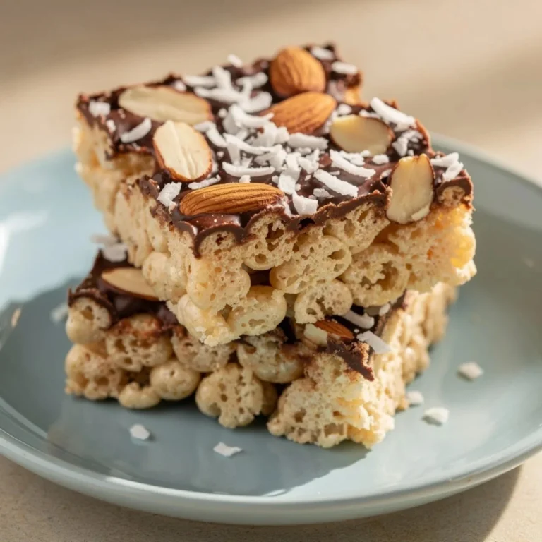 Chewy Almond Joy Krispie Treats with coconut, almonds, and chocolate