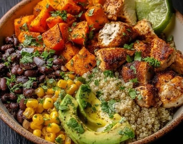 Healthy Chicken Sweet Potato Bowl with grilled chicken and fresh vegetables